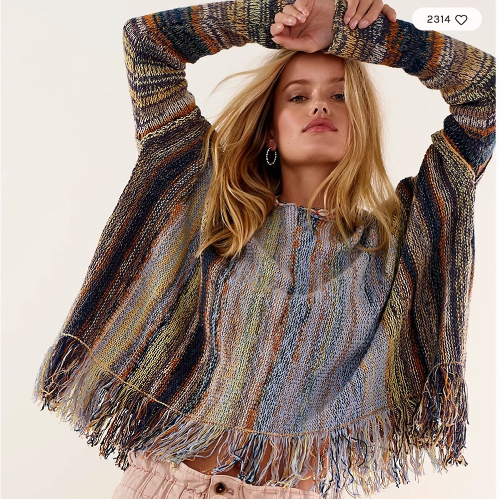 Free People Blue and Brown Chunky Knit Crew Neck Sweater